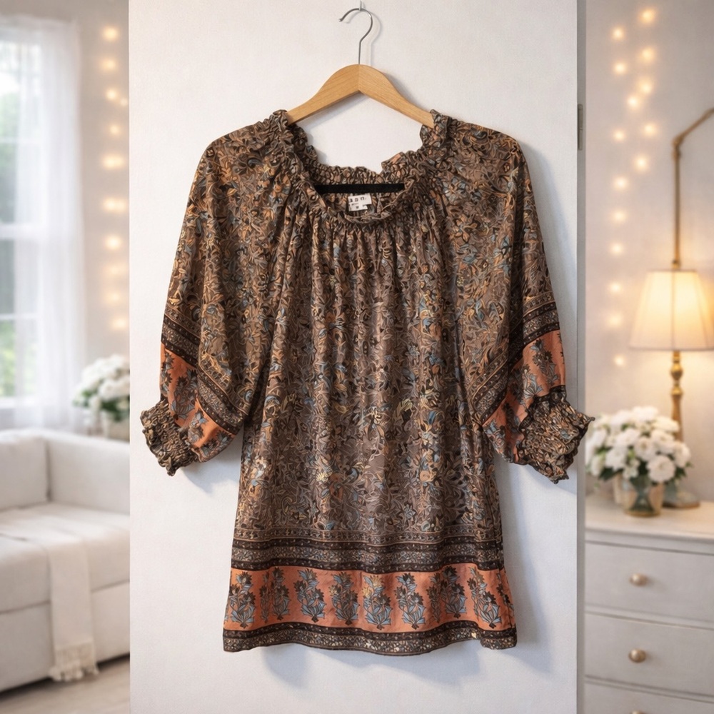 ✨ Paani Earthy Print Smocked Neck Peasant Top Size S